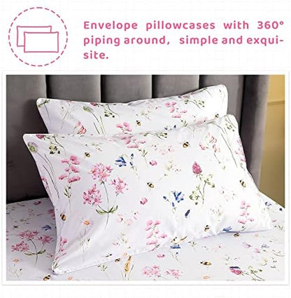 QSH Floral Bed Sheets Set Queen Size - Shabby Flower Bee Print Bed Sheet Set - Extra Soft and Breathable 100% Egyptian Cotton - 4 pcs Deep Pockets Flower Bed Sheets Queen Size Sets