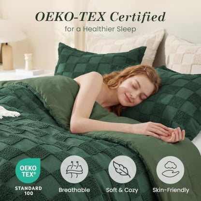 Sasttie Queen Comforter Set, 3 PC Boho Tufted Bed, Checkered Bedding, Green