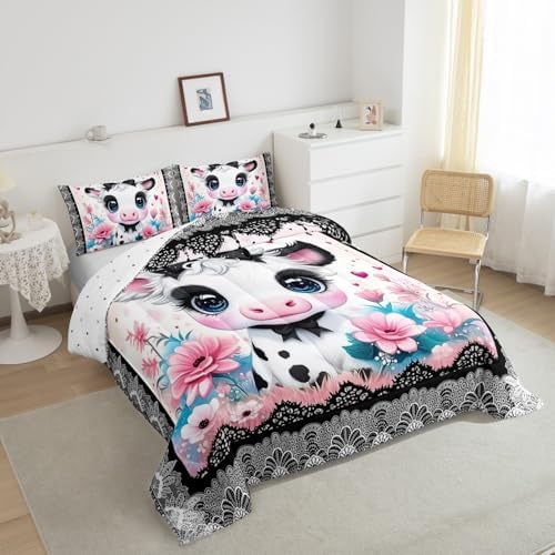 Feelyou Kids Cute Highland Cow Comforter Set Queen Size Cartoon Highland Cattle Bowknot Bedding Set Boys Girls Flowers Floral Pattern Quilt Set Black Lace Pattern Bed Set