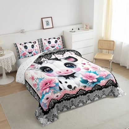 Feelyou Kids Cute Highland Cow Comforter Set Queen Size Cartoon Highland Cattle Bowknot Bedding Set Boys Girls Flowers Floral Pattern Quilt Set Black Lace Pattern Bed Set
