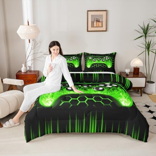 Erosebridal Ombre Art Honeycomb Gaming Bedding Set Green Neon Lights Game Console Toddler Bedding Sets for Boys Geometric Hexagon Beehive Quilt Set Gamer Room Decor for Boys