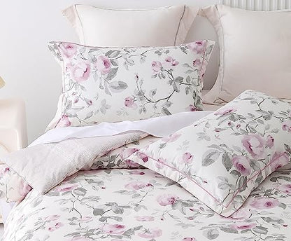SLEEPBELLA Comforter Queen Size, 600 Thread Count Cotton White Print with Purple Flowers Reversible Comforter Sets, Down Alternative Bedding Set 3Pcs(Queen, Purple Floral)