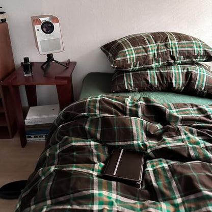 LifeTB Brown Green Plaid Comforter Set Full Size, 3 Pieces Vintage Checkered Pattern Comforter Buffalo Plaid Gingham Comforter Set with 2 Pillowcases, Soft Farmhouse Grid Bedding Set for All Seasons