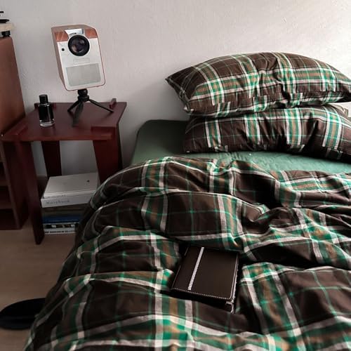 LifeTB Queen Comforter Set Brown Green Plaid Comforter Set, 3 Pieces Vintage Plaid Checkered Comforter with 2 Pillowcases, Fluffy Soft Breathable Grid Pattern Farmhouse Gingham Bedding Set Queen