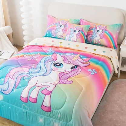 ADASMILE A & S 6Pcs Unicorn Bedding Twin for Girls Princess Rainbow Bedding