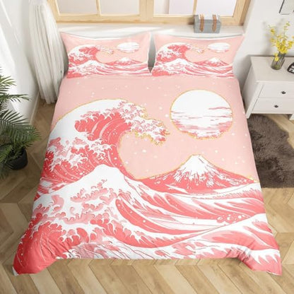 Feelyou Japanese Wave Bedding Set Full Size - Ocean Wave Comforter Cover Set for Kids, Boys, Girls, Teens - Ukiyoe Theme Home Decor Duvet Cover - Pink Japanese-Style Bedspread Cover