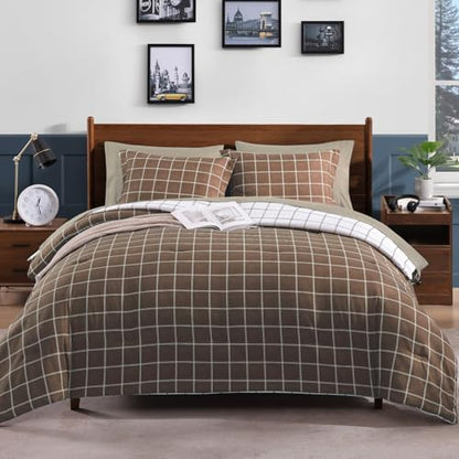 Plaid Twin XL Comforter Set Brown 5 Pieces Bed in a Bag for College Dorm