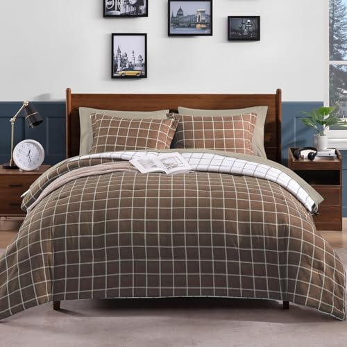Plaid Queen Comforter Set Brown 7 Pieces Reversible Checkered Bed in a Bag