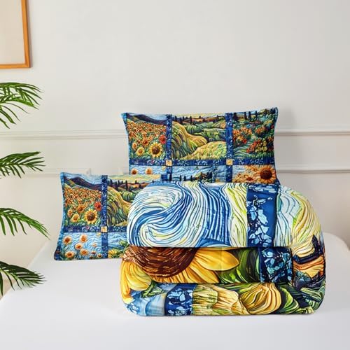 Yellow Sunflower Queen Size Comforter Set，Bedding Queen Size Quilts Sunflower，Rustic Farmhouse Bedroom Set Bedding Set，with 1 Comforter with 2 Pillow Case