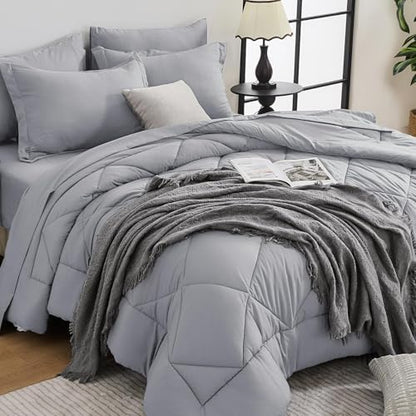 HEVUMYI 7-Piece Oversized Queen Comforter Set, Light Gray Bed in a Bag