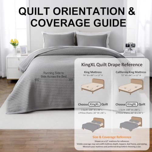 XL King Quilt Set 108 x 98 in, Lightweight, Grey