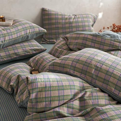 LifeTB Vintage Buffalo Plaid Duvet Cover Queen 100% Cotton Muslin Gingham Duvet Cover Green&Pink&Purple Plaid Checkered Bedding Set Soft Breathable Gauze Comforter Cover Farmhouse Gingham Bedding Set