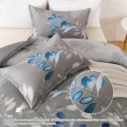 DJY King Size Comforter Set, Dark Grey Botanical Leaves Comforter Set King, 3 Pieces Reversible Blue Floral Bed Comforter Sets Soft Microfiber Bedding Comforter Set for All Season (90"x104")