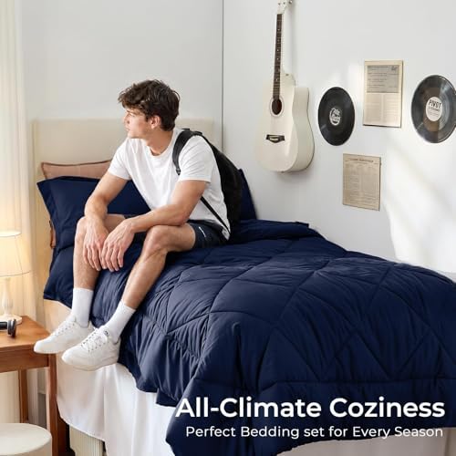 HEVUMYI 5-Piece Twin Comforter Set, Navy Bed in a Bag