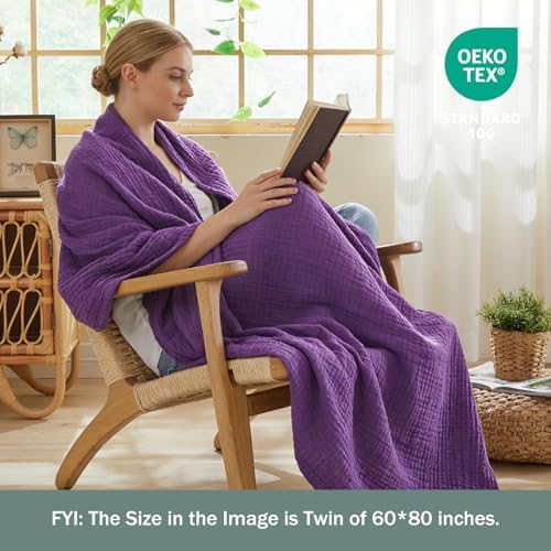 EMME Muslin Blankets for Adults Throw Blanket for Couch Breathable Gauze Soft Lightweight Airy Purple Twin XL 66" x 90"