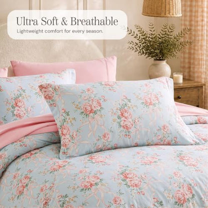 BLOOMHAVEN King Size Comforter Set-7 Pieces Blue Floral Bed in a Bag King