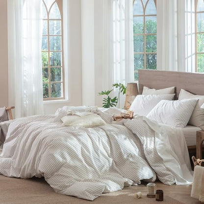 MooMee Striped Duvet Cover Set 100% Washed Cotton Linen Like Oversized King