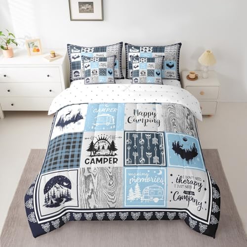Erosebridal 7 Piece Rv Camper Comforter Set Queen for Kids Adults,Happy Camping Bedding Set for Travel Trailers,Blue Buffalo Plaid Bed in a Bag with Sheets,Cabin Patchwork Bed Set with Pillowcases