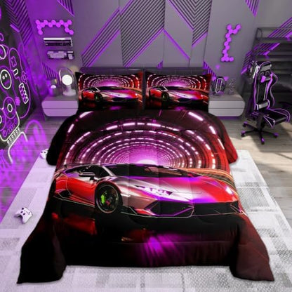 Feelyou Boys Sports Car Comforter Set Queen Size Pink Racing Car Bedding Set for Kids Boys Girls Extreme Sports Duvet Quilt Automobile Bedroom Decor Microfiber 3 Pcs with 2 Pillow Cases