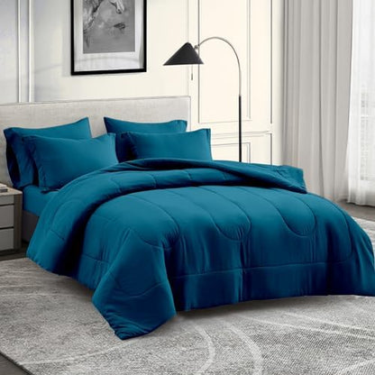 Maple&Stone Queen Comforter Set 7 Pieces Bed in a Bag Teal Bed Set