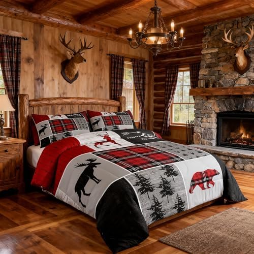 Deer Antlers Bear Kids Comforter Set Queen Size,Plaids Boho Arrows Patchwork Bedding Set for Boys Girls Adults Room Decor,Rustic Adventure Xmas Down Comforter,Red Retro Duvet Insert,2 Pillowcases