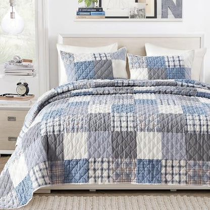 Wonderful - Real Patchwork Quilt Set Queen Size, 3 Piece Yarn-Dyed Cotton Face Plaid Bedding, Blue Modern Farmhouse Reversible Coverlet, 90"x90"