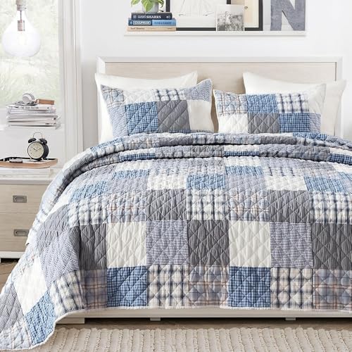 Wonderful - Real Patchwork Quilt Set King Size, 3 Piece Yarn-Dyed Cotton Face Plaid Bedding, Blue Modern Farmhouse Reversible Coverlet, 104"x90"