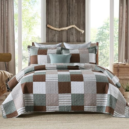 Y-PLWOMEN 100% Cotton King Size Quilt Farmhouse Plaid 3-Pieces Bedding