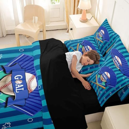 Erosebridal Navy Blue Boys Kids Ball Games Boys Baseball Full Comforter Set 7 Pieces | Sports Theme Gaming Pattern Bed in A Bag for Bedroom Stripes Bedding Set with Comforters Playground Room Decor