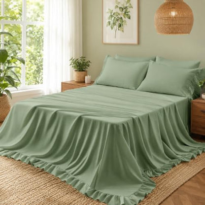 FUANNA Queen Sheets 4 Pieces - Green Sheets with 4-Inch Ruffles Bed Skirt