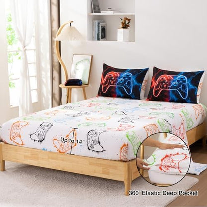 Meeting Story 5 Pcs Gaming Bedding Set Queen Size Green Game Console Kids Bed in A Bag 3D Black Gamer Comforter Set with Sheets for Boys Teen(RedBlue)