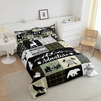 Castle Fairy Deer Antlers Comforter Set Twin Size,Bear Pine Arrow Hunting Adventure Bedding Set for Kids Boys Men,Camper Retro Green Plaid Checkered Quilted Duvet Set with 1 Pillowcase