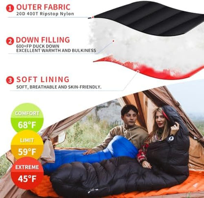 Down Sleeping Bag for Adults, 600 Fill Power Ultralight Backpacking