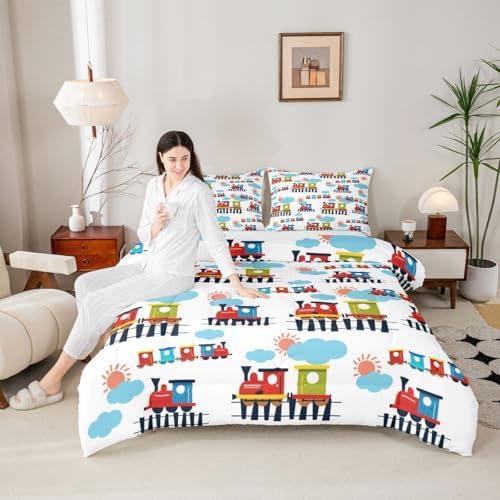 Feelyou Cartoon Train Comforter Set Full Size Cute Transports Car Bedding Set for Kids Boys Girls Retro Steam Engine Duvet Quilt Bedroom Decor Microfiber 3 Pcs with 2 Pillow Cases