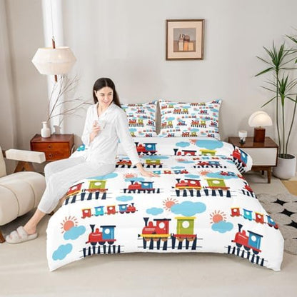 Feelyou Cartoon Train Comforter Set Full Size Cute Transports Car Bedding Set for Kids Boys Girls Retro Steam Engine Duvet Quilt Bedroom Decor Microfiber 3 Pcs with 2 Pillow Cases