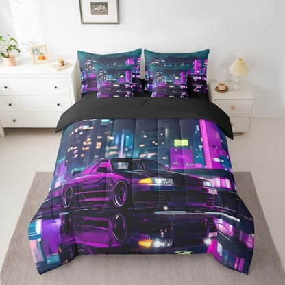 Neon Purple Car 7 Pieces Bedding Set Twin Size,Cool Race Car Bed in a Bag,Extreme Sports Gaming Bed Set Includes Comforter,Sheet Set,Pillowcases & Pillow Covers,City Night Scene Bedroom Decor