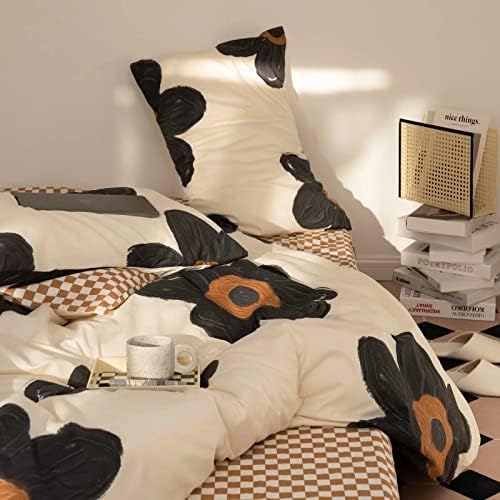 Wellboo Black Floral Comforter Sets Twin Women Girls White and Black Botanical Bedding Sets Cotton Beige Black Sunflower Quilts Teens 3D Large Flower Quilts Watercolor Boho Garden Bohemian Bedding