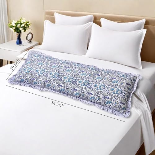 CPC Block Print Indigo Blue Ruffle Cotton Lumbar Pillow Cover 20x54 inch