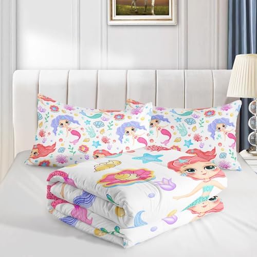 Mermaid Comforter Set Twin Size Fairy Tale Sea Shell Grass Bedding Set Starfish Quilt Bed Set for Kid Girls with 1 Comforter and 2 Pillowcases