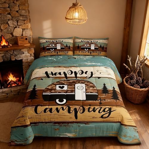 Manfei Rustic Adventure Camper Kids Comforter Set Queen Size,Happy Camping Farmhouse Cabin Lake House Bedding Set,Wooden Plank Pine Nature Quilt Comforter,Brown Retro Duvet Insert,2 Pillowcases