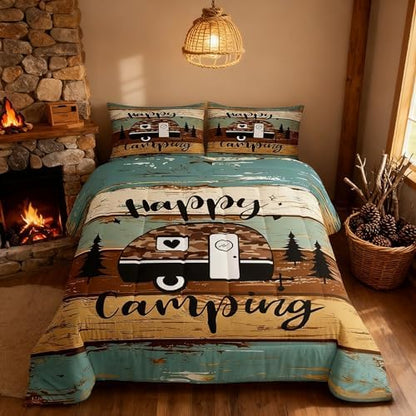 Manfei Rustic Adventure Camper Kids Comforter Set Queen Size,Happy Camping Farmhouse Cabin Lake House Bedding Set,Wooden Plank Pine Nature Quilt Comforter,Brown Retro Duvet Insert,2 Pillowcases