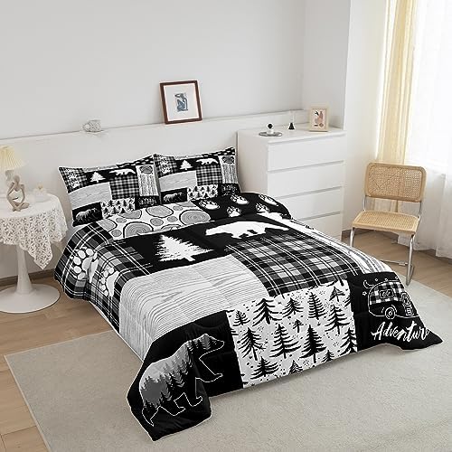 Bear Plaids Comforter Set King Size,Pine Trees Animals Hunting Bedding Set for Kids Boys Girls Adults Room Decor,Adventure Rustic Farmhouse Down Comforter,Black Retro Duvet Insert,2 Pillowcases
