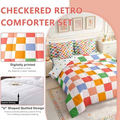 Feelyou Checkered Retro 7 Piece Bedding Set Teen Women Men Rainbow Colorful Plaid Comforter Set with Sheets Full Size Kids Boys Geometric Vintage Bed in a Bag Modern Groovy Aesthetic Room Decor