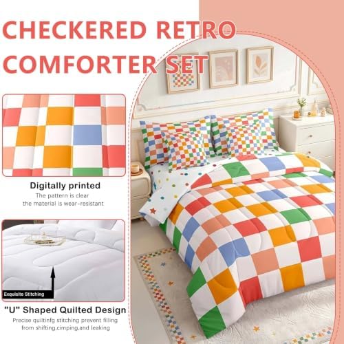 Feelyou Checkered Retro 7 Piece Bedding Set Teen Women Men Rainbow Colorful Plaid Comforter Set with Sheets King Size Kids Boys Geometric Vintage Bed in a Bag Modern Groovy Aesthetic Room Decor