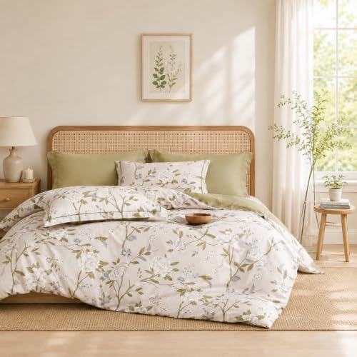 Queen Comforter Set 3 Pieces, 100% Cotton Light Grey Floral Bedding Set for All‑Season, Soft Hypoallergenic Comforter with 2 Pillow Shams