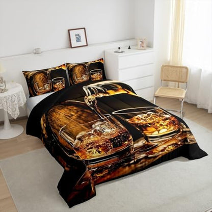 Whisky Drinks Kids Comforter Set Twin Size,Whiskey Malt Liquor Drinking Modern Bedding Set,Girls Boys Room Decor,Bar Beer Glass Quilt Comforter,Western Fashion Duvet Insert,1 Pillowcase