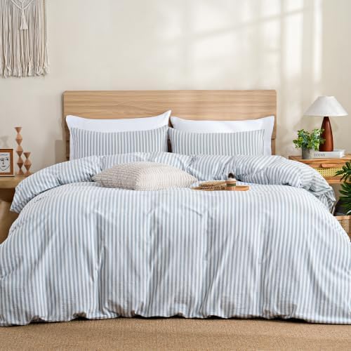 TOCOMOA Blue Striped Duvet Cover Set 100% Washed Cotton Like Linen, Queen