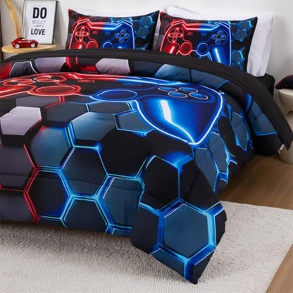 NTBED 3D Gaming Comforter Set for Boys Kids Teens,5pcs Gamer Bedding Sets with Sheet,Game Console Bed in a Bag (Red Blue, Twin)