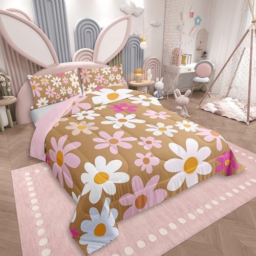 jejeloiu Cute Flower Comforter Set All Season Colorful Daisy Bedding Set with 2 Pillow Cases Blossom Flowers Pattern Microfiber Kids King Bedclothes Kawaii Bedroom Decor Duvet Quilt Breathable Soft