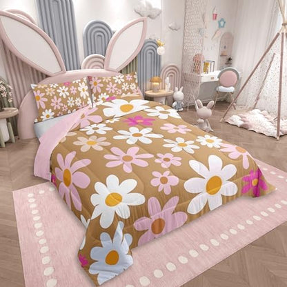 jejeloiu Cute Flower Comforter Set All Season Colorful Daisy Bedding Set with 2 Pillow Cases Blossom Flowers Pattern Microfiber Kids Full Bedclothes Kawaii Bedroom Decor Duvet Quilt Breathable Soft